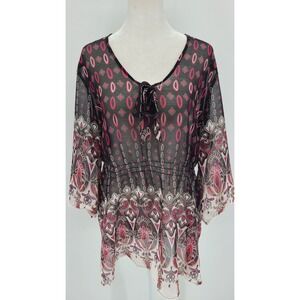 Coldwater Creek Sheer Boho Women Tunic Top XL 16 Paisley Artsy Black Pink